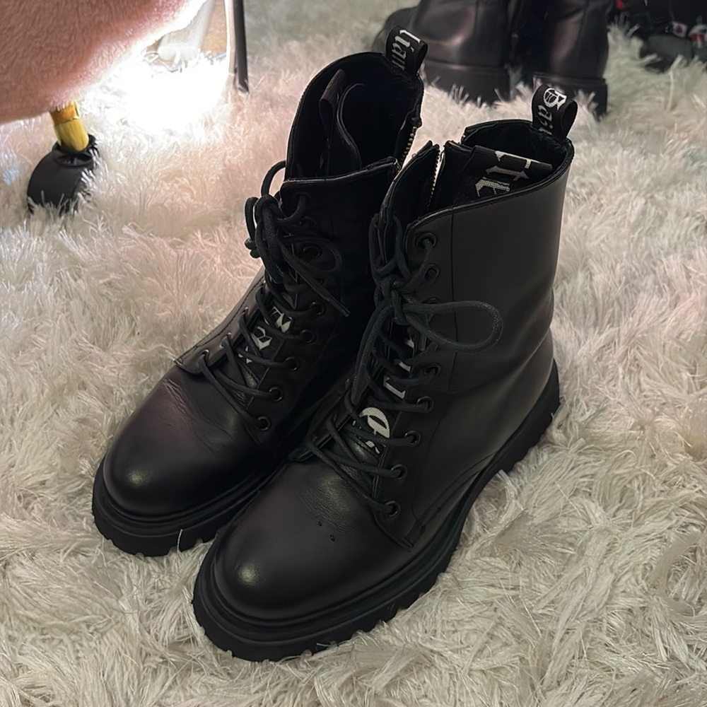 John Galliano Combat black leather boots